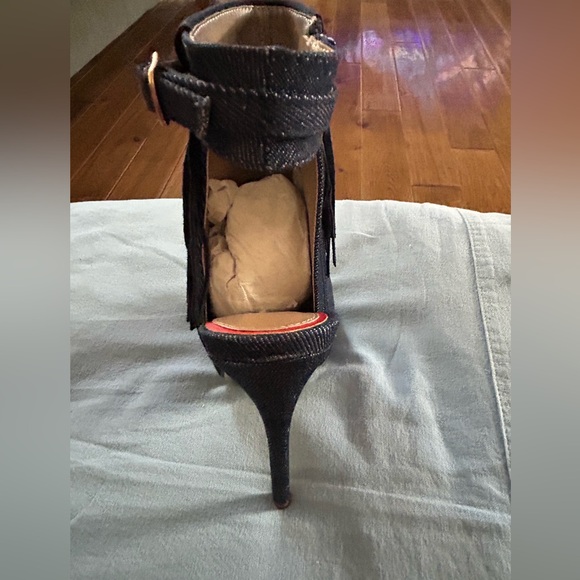 Luichiny Navy Denim Open Toe Shootie with Fringes - Picture 4 of 6